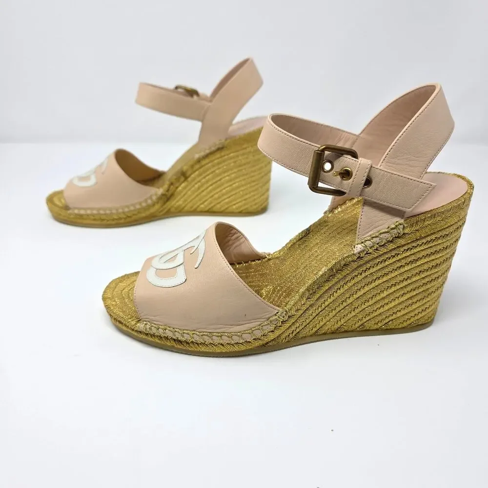 Gucci Platform GG Logo Pink Gold Espadrille Wedge Sandals IT 39 US 9 658629